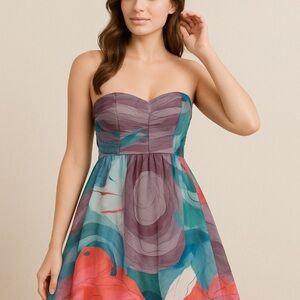 Donna Morgan Green and Pink Strapless Fit and Flare Dress